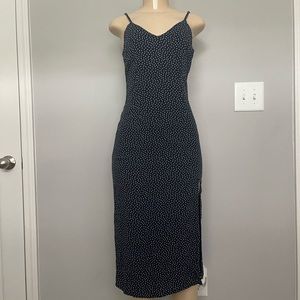 NWT - Abercrombie & Fitch - Navy Polka Dot Midi Dress w/ thigh slit - Size S